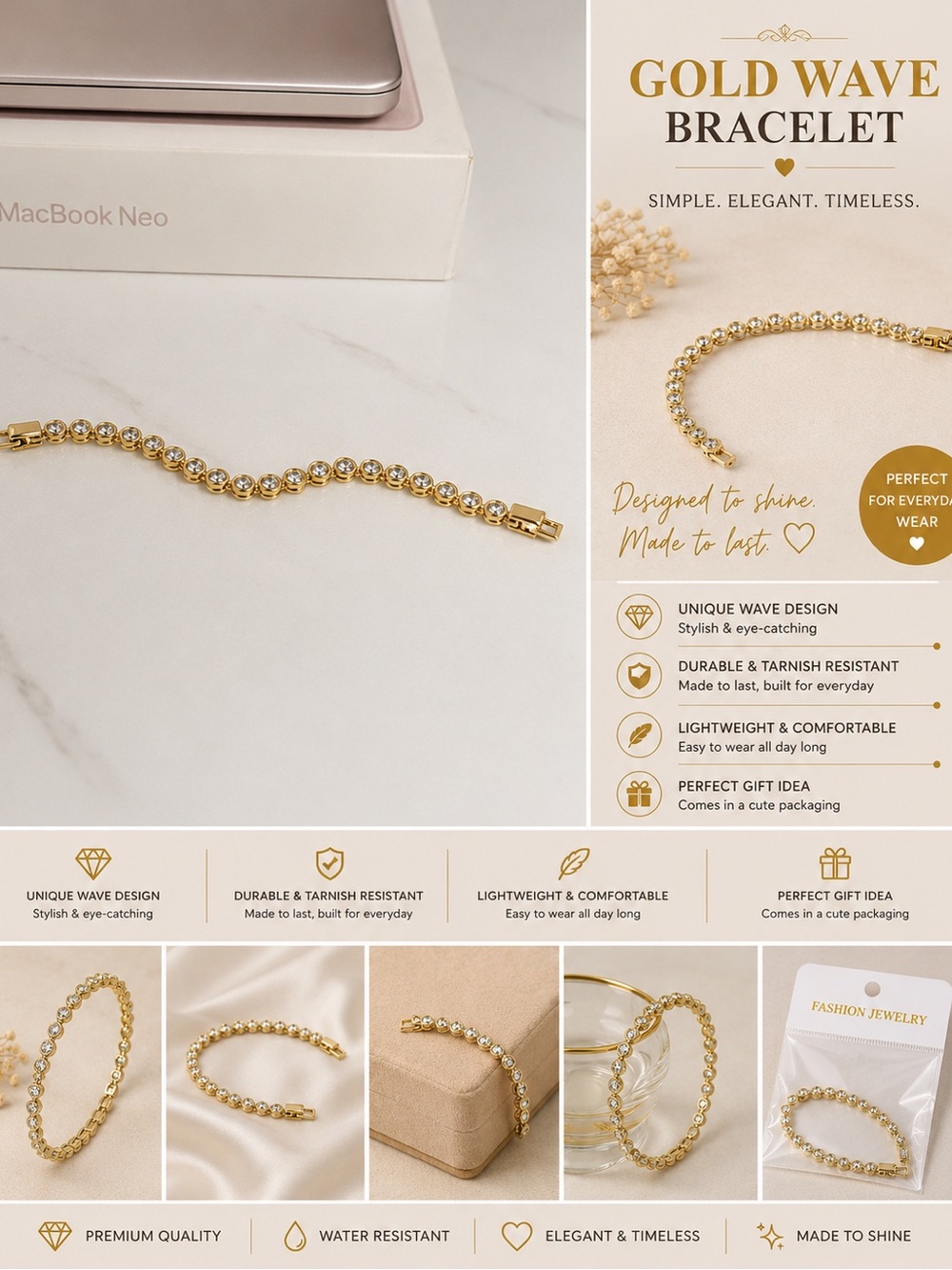 Gold Wave Bracelet - Elegant Gold Women's Jewelry